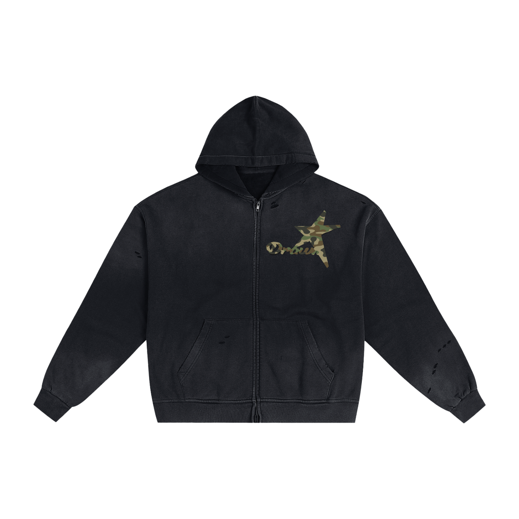 Camo Distressed Zip Hoodie