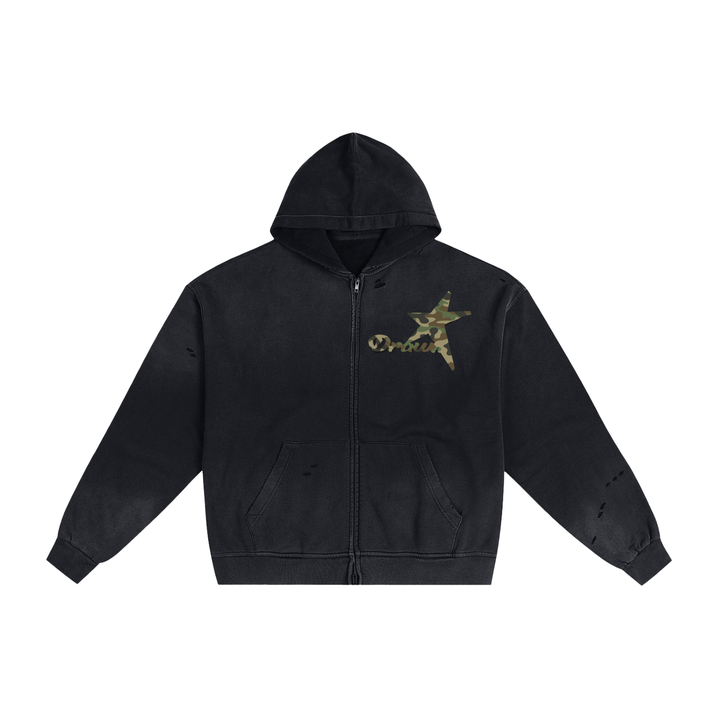 Camo Distressed Zip Hoodie