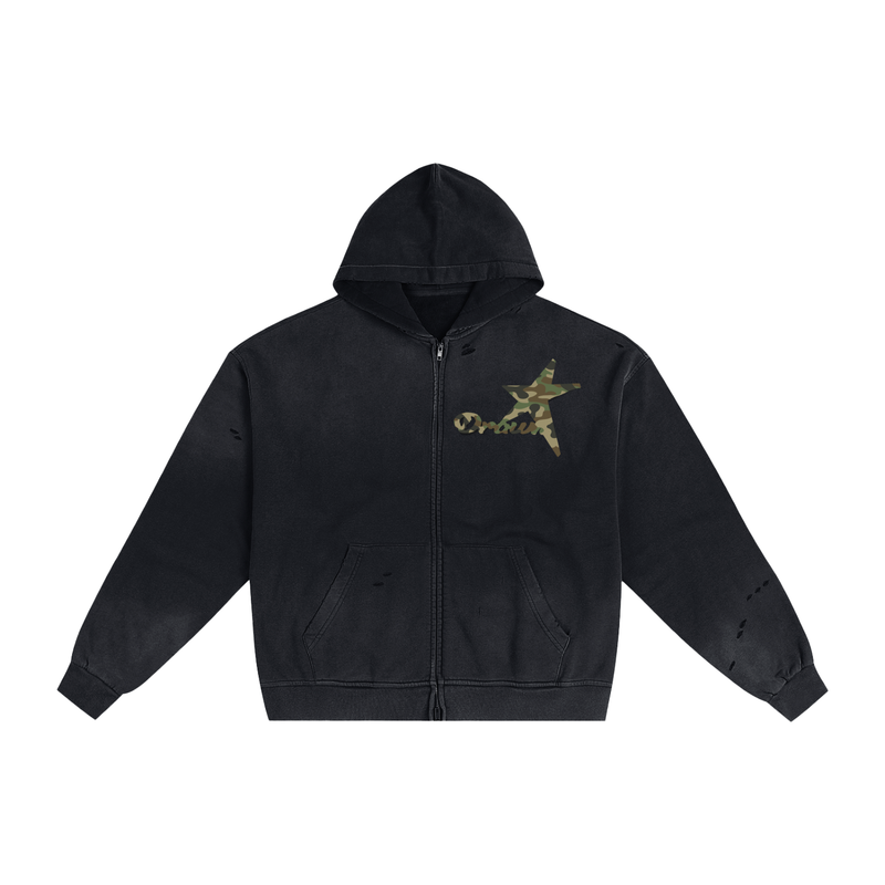 Camo Distressed Zip Hoodie